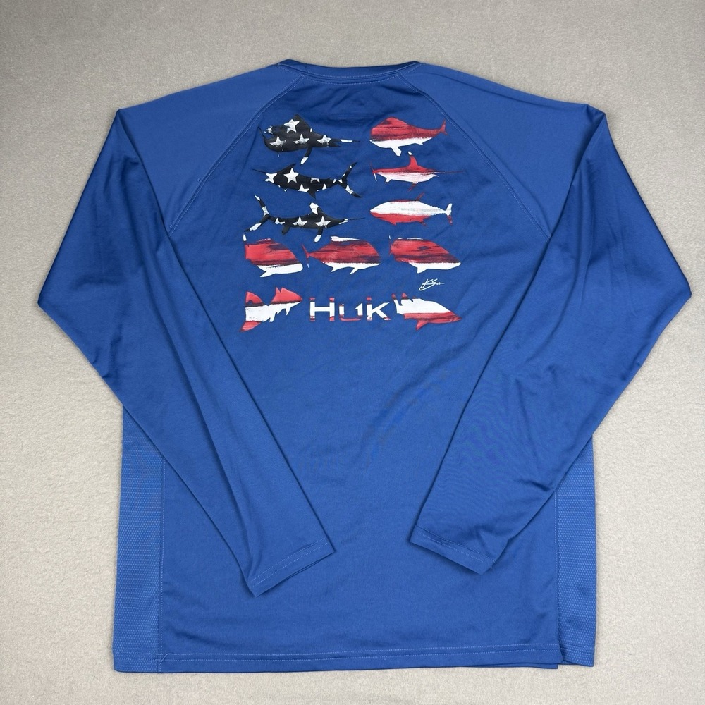 Huk Shirt Mens Large Performance Fishing KC Flag Fish Pursuit Blue